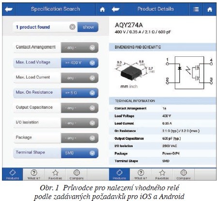 Obr. 1 Průvodce pro nalezení vhodného relé podle zadávaných požadavků pro iOS a Android